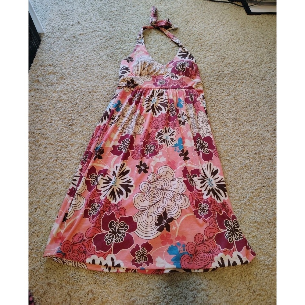 Y2K Faded Glory Floral Halter Babydoll Dress Pink Empire Waist Stretch M 8/10
